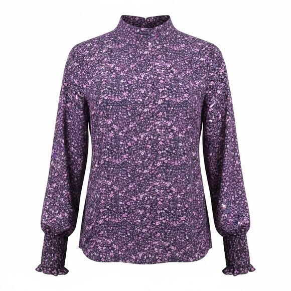 SHEIN Black Long Sleeved Mock Neck Blouse with Pink & Purple Floral Print Medium - Picture 1 of 7